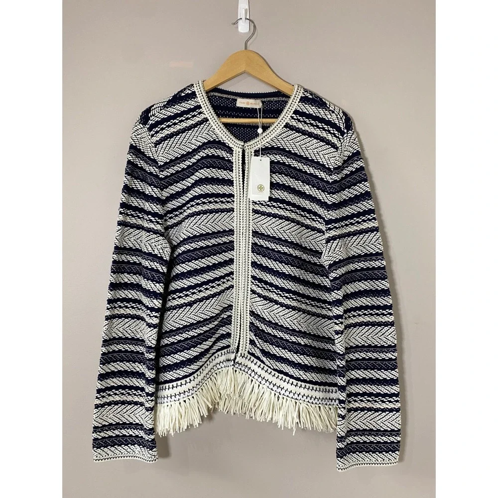 Tory Burch Payton Fringe Cardigan Navy Blue Ivory Stripe Blazer NWT Large $598